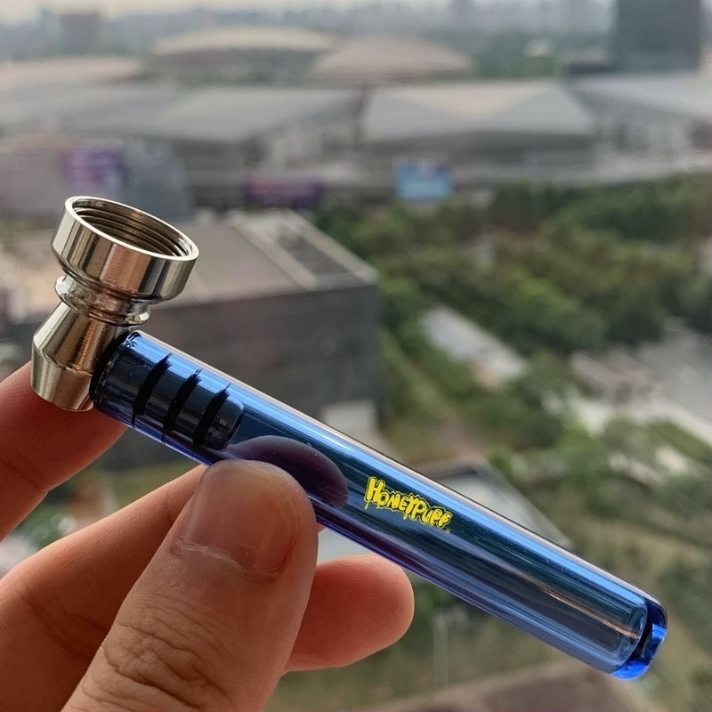 Honeypuff  Premium Glass Smoke  Pipe With Clear Handle 93MM With Metal Bowl Metal Tobacco Hand Spoon Herb Pipes Accessories