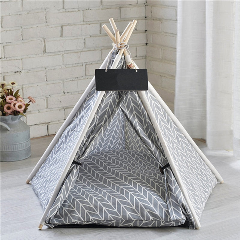 Portable Linen Pet Tent Dog House cat House Washable Teepee Puppy Cat Indoor Outdoor Kennels Portable Teepee Cave with Mat,