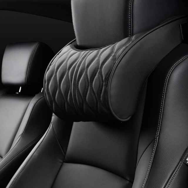 Memory Foam Car Headrest Pillow Leather Embroidered Seat Supports Sets Back Cushion Adjustment Auto Neck Rest Lumbar Pillows,