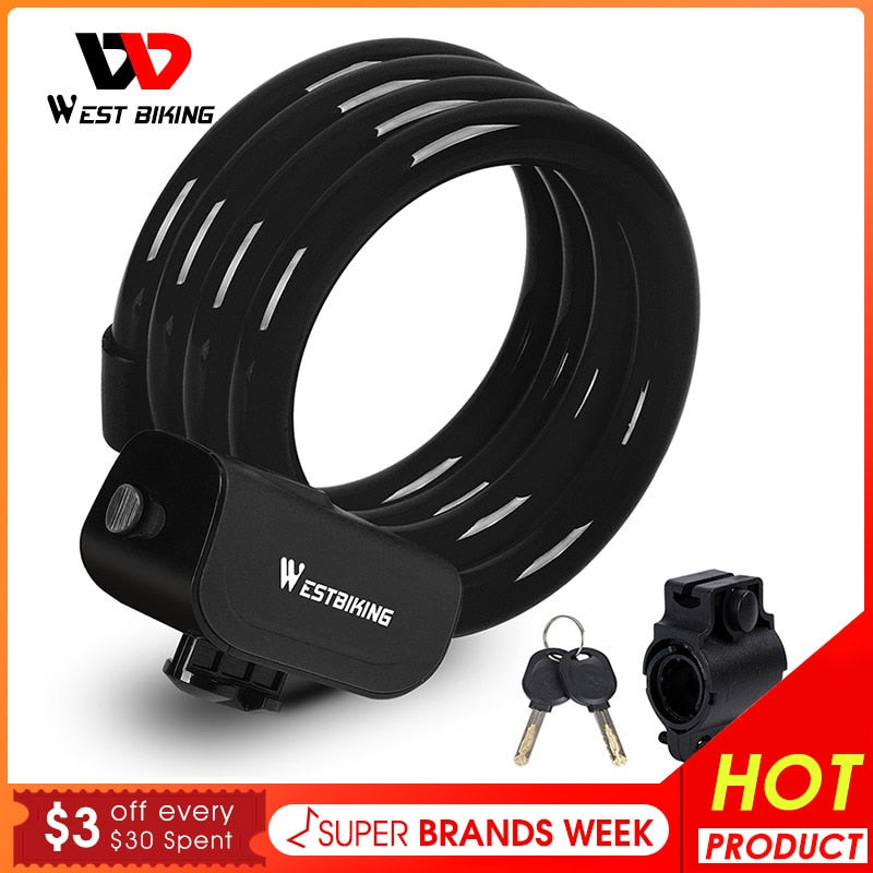 WEST BIKING Bike Lock Anti Theft Security Bicycle Accessories Key Password Cable Lock MTB Road Bike Motorcycle Cycling Lock,