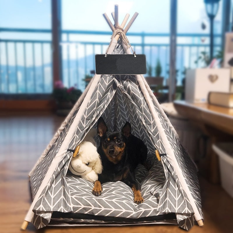 Pet Teepee Dog & Cat Bed White Canvas Dog Cute House - Portable Washable Dog Tents for Dog(Puppy) & Cat Pet (with Cushion),