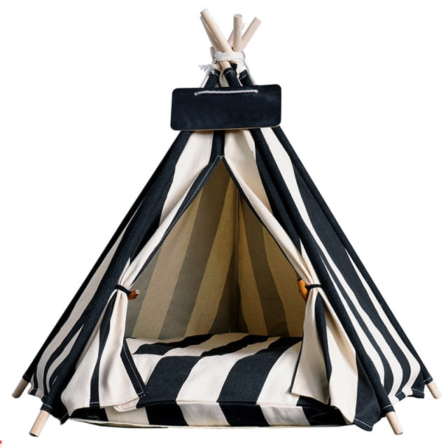 Pet Teepee Dog & Cat Bed White Canvas Dog Cute House - Portable Washable Dog Tents for Dog(Puppy) & Cat Pet (with Cushion),