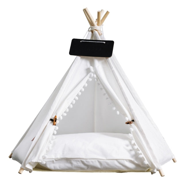 Pet Teepee Dog & Cat Bed White Canvas Dog Cute House - Portable Washable Dog Tents for Dog(Puppy) & Cat Pet (with Cushion),