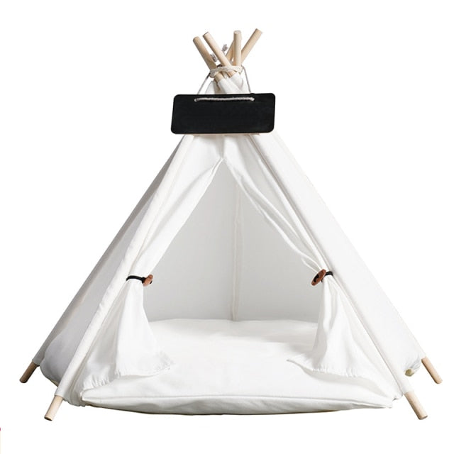 Pet Teepee Dog & Cat Bed White Canvas Dog Cute House - Portable Washable Dog Tents for Dog(Puppy) & Cat Pet (with Cushion),