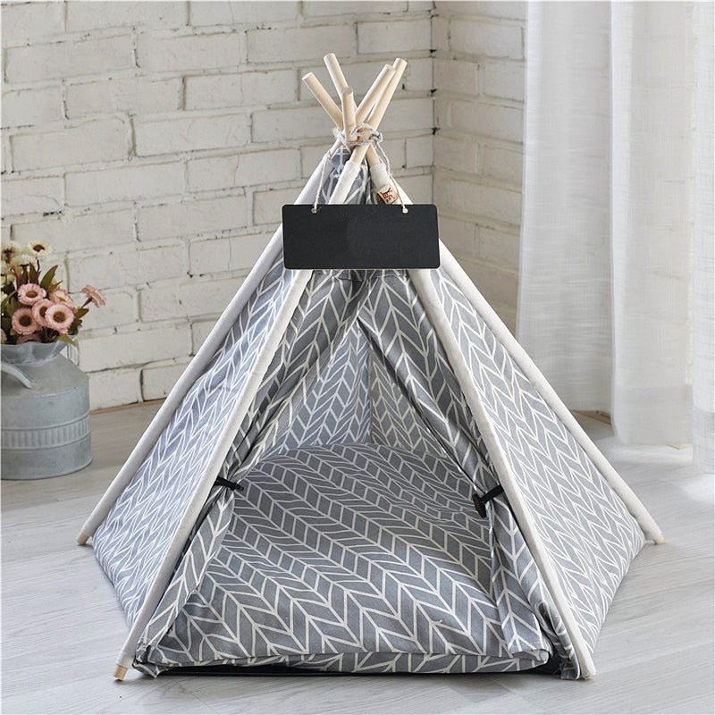 Portable Linen Pet Tent Dog House kitten House Washable Teepee Puppy Cat Indoor Outdoor Kennels Portable Teepee Cave with Mat,