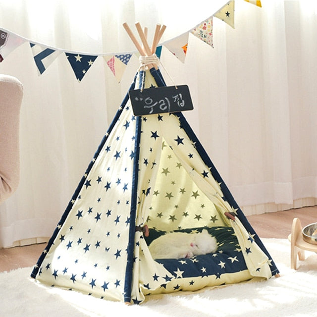 Portable Linen Pet Tent Dog House kitten House Washable Teepee Puppy Cat Indoor Outdoor Kennels Portable Teepee Cave with Mat,