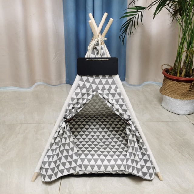 Portable Linen Pet Tent Dog House kitten House Washable Teepee Puppy Cat Indoor Outdoor Kennels Portable Teepee Cave with Mat,