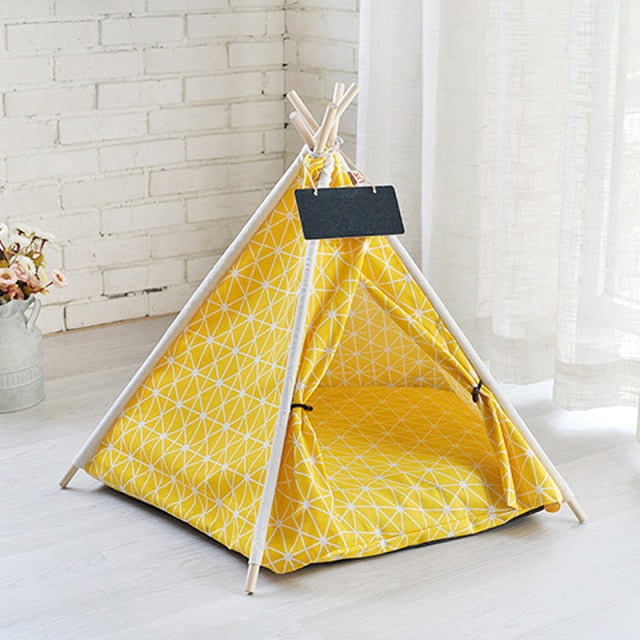 Portable Linen Pet Tent Dog House kitten House Washable Teepee Puppy Cat Indoor Outdoor Kennels Portable Teepee Cave with Mat,