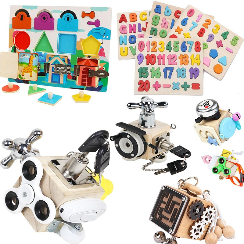 Montessori Train Ability Shape Matching Lock Cognition Cube Toys Activity Busy Board Puzzle Early Educational Sensory Board Kids,