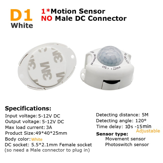 12V Motion Sensor Light Switch 5V DC Activated Timer Automatic Movement Detector ON OFF LED Strip Light PIR Motion Sensor Switch,