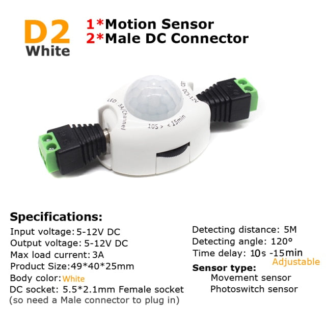 12V Motion Sensor Light Switch 5V DC Activated Timer Automatic Movement Detector ON OFF LED Strip Light PIR Motion Sensor Switch,