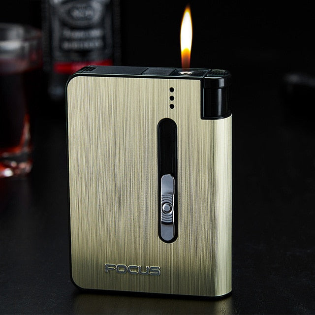 Automatic Cigarette Case 10pcs Cigarette Capacity Can Mount Lighter Metal Cigarette Box for Men Smoking Nice Gift Dropshipping, 